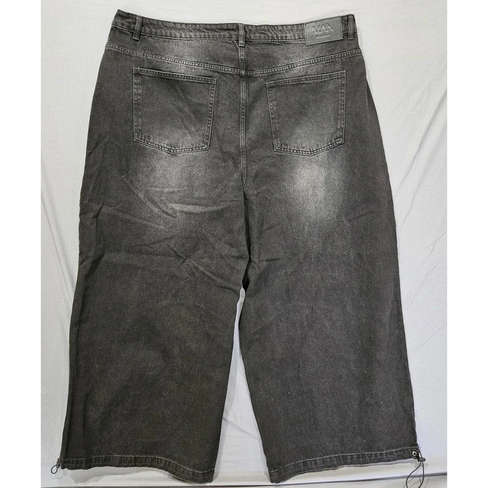 boohooMAN Parachute Jean Mens 44 Washed Black NWT Baggy Wide Leg Bungee Hem
